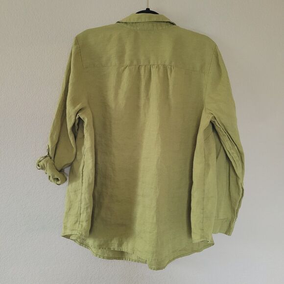 J. Jill Love Linen Women Shirt Size 1x Green Roll Tab Long Sleeve Button Beachy - Picture 5 of 5